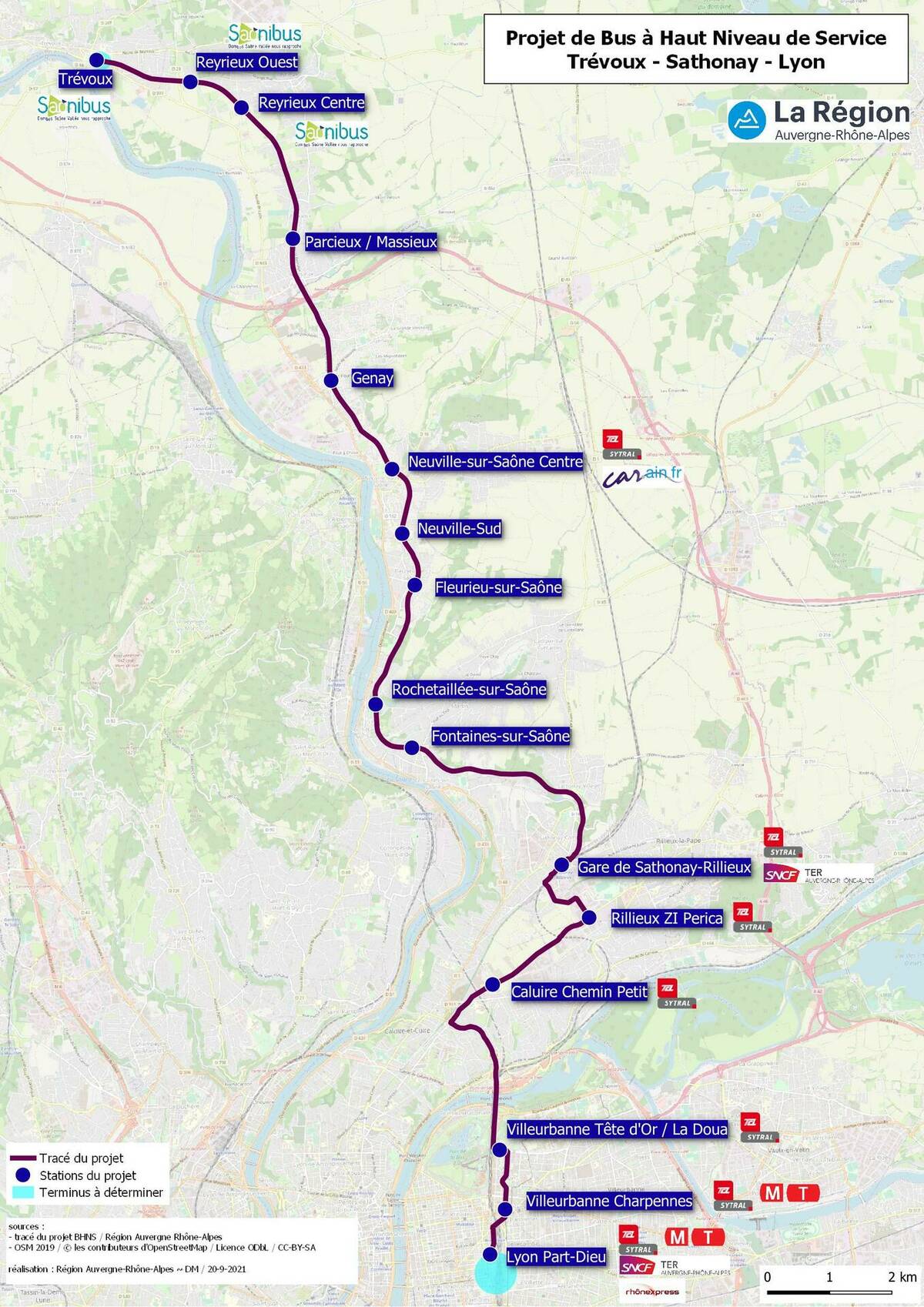 Carte du Trajet du BHNS entre Lyon et Trévoux. - © Région Auvergne-Rhône-Alpes Carte du Trajet du BHNS entre Lyon et Trévoux.