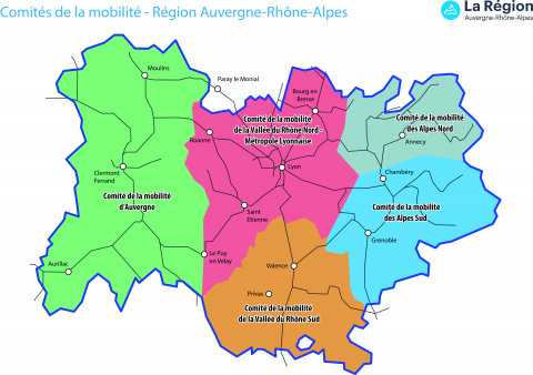 Les plaques des comités techniques et comités de mobilités - © Région Auvergne-Rhône-Alpes Les comités techniques et comités de mobilités sont déclinés sur 5 grands bassins de mobilités territoriaux : Vallée du Rhône nord, Auvergne, Alpes nord, Alpes sud et Vallée du Rhône sud.