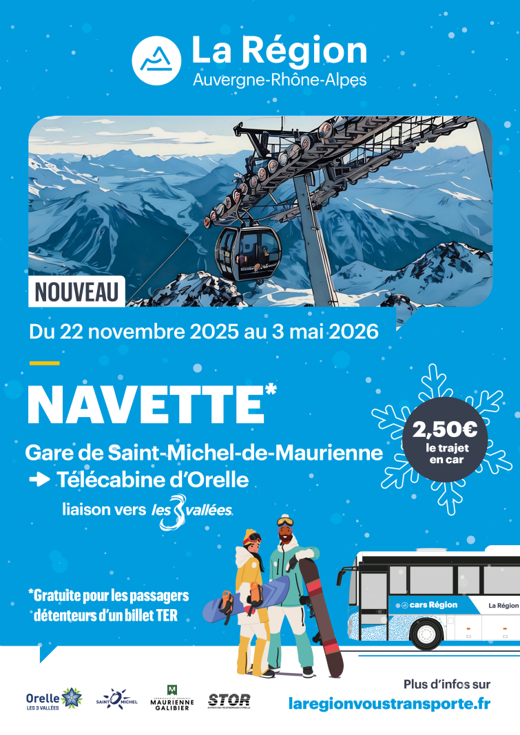 Du 14 décembre au 3 mai 2026, navette gare de St Michel de Maurienne vers la télécabine d'Orelle pour la liaison vers les 3 vallées